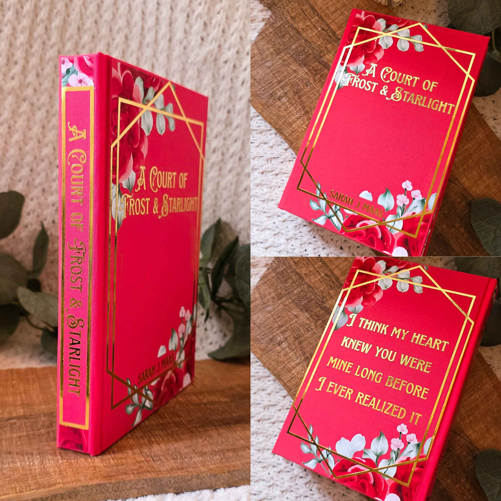 Collage of a red book titled 'A Court of Frost & Starlight' with decorative floral and gold elements.
