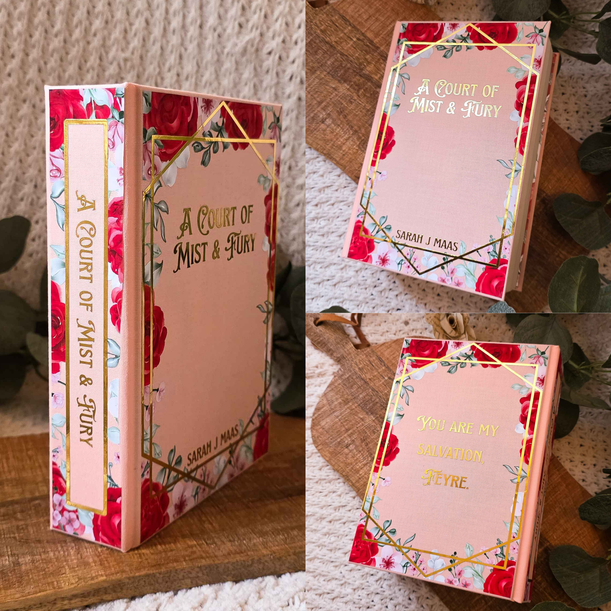 Decorative book titled A Court of Mist and Fury with floral design and text on a wooden surface