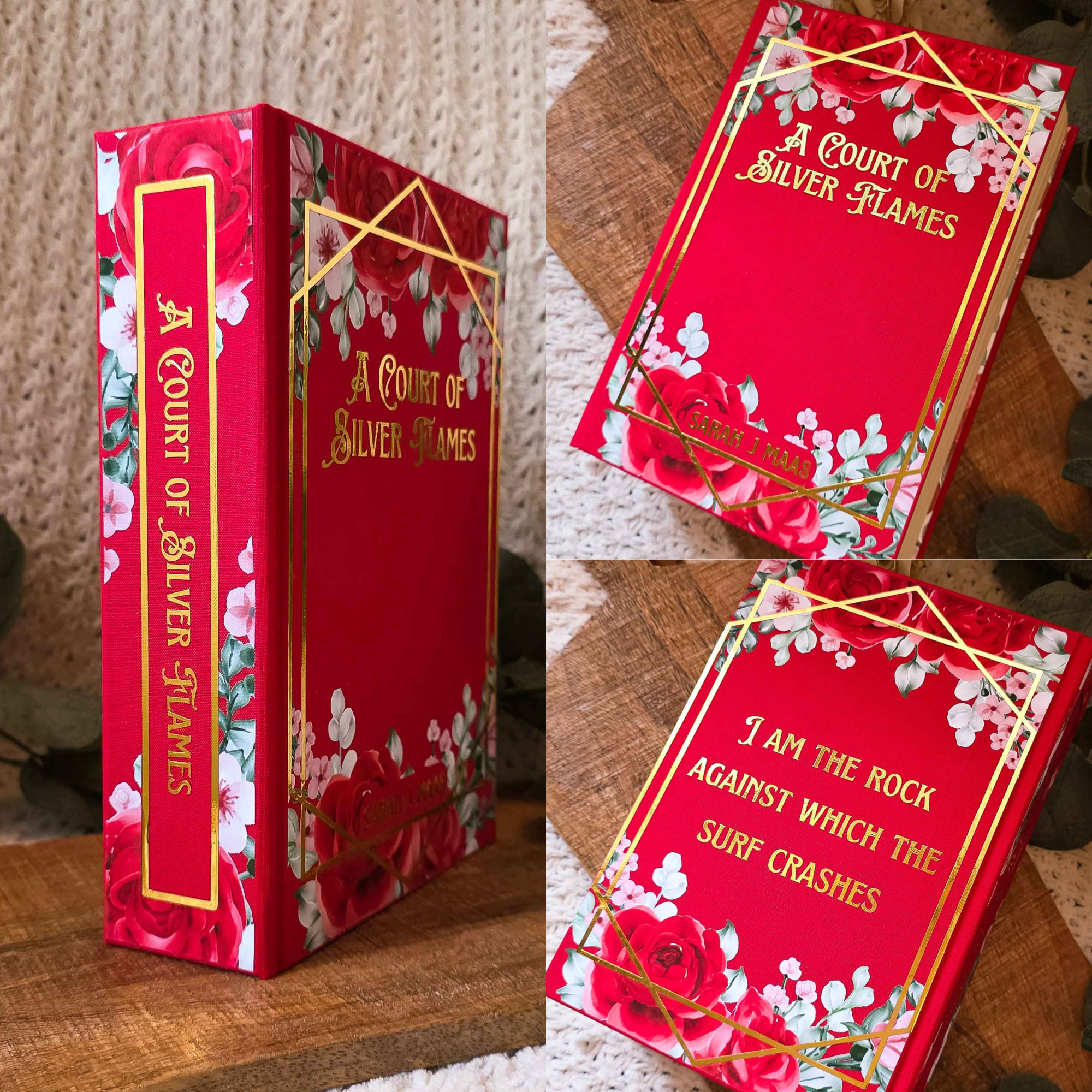 Red book titled 'A Court of Silver Flames' with floral design on a wooden surface.