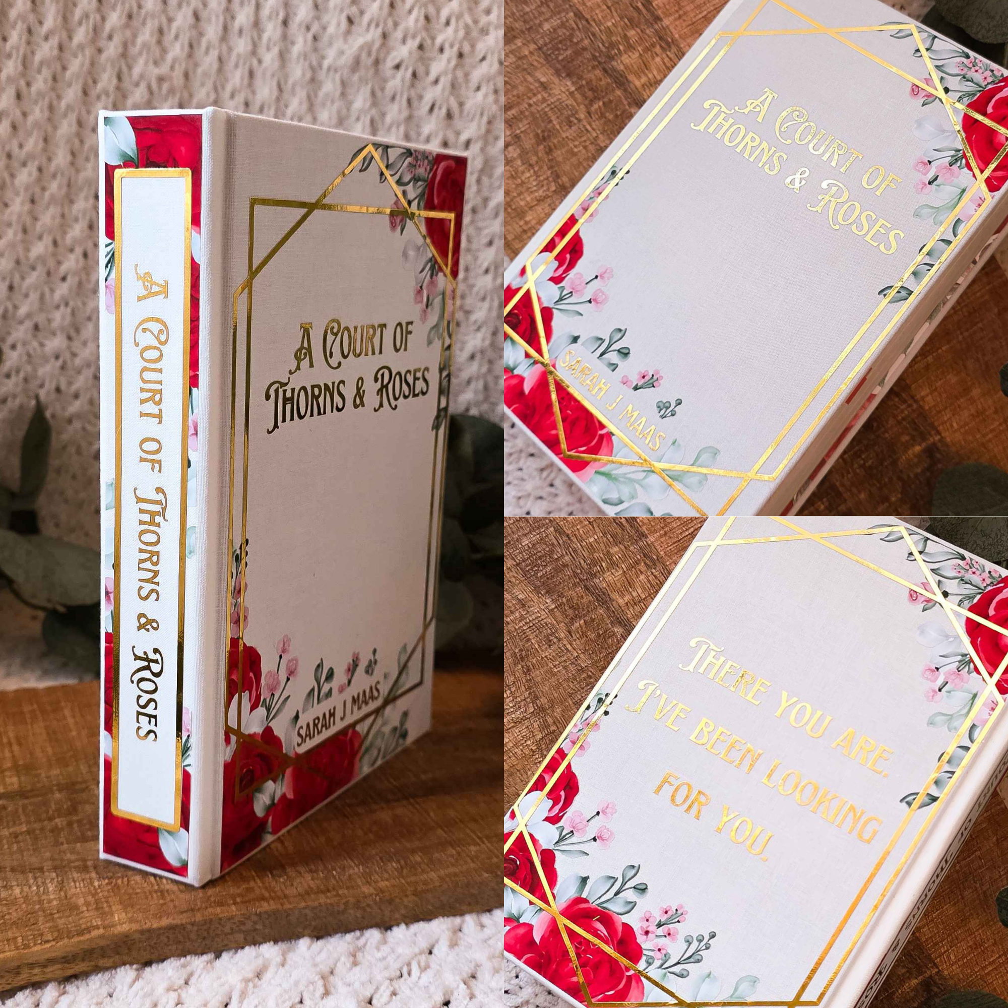 Book titled 'A Court of Thorns & Roses' with decorative cover on a wooden surface.