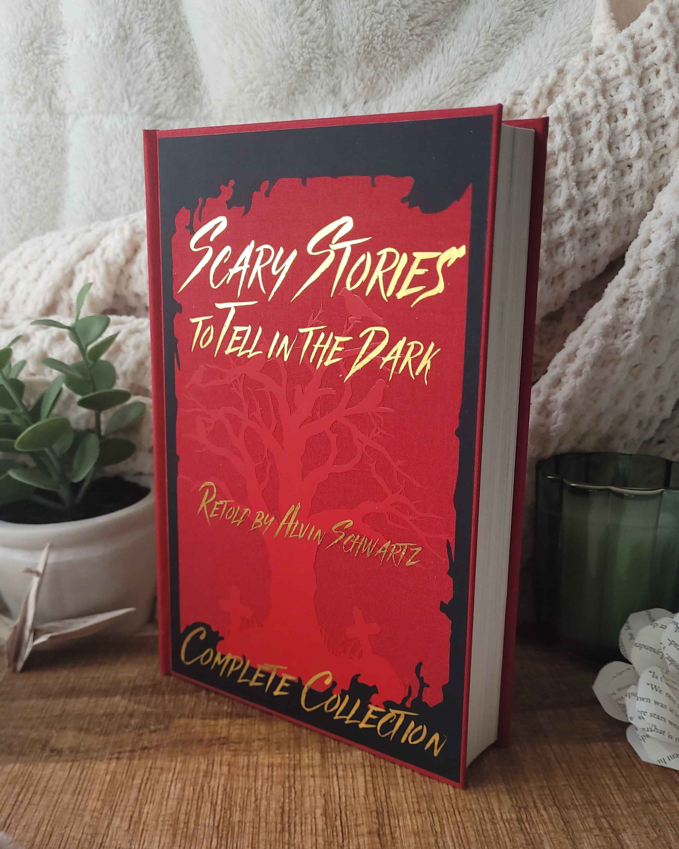 Book titled 'Scary Stories to Tell in the Dark' on a wooden surface with a plant and textured fabric in the background.