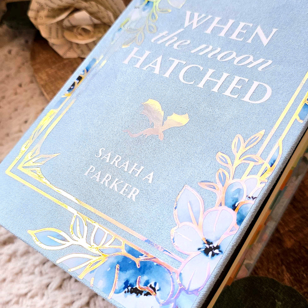 Close-up of floral bookcloth on custom When the Moon Hatched hardcover